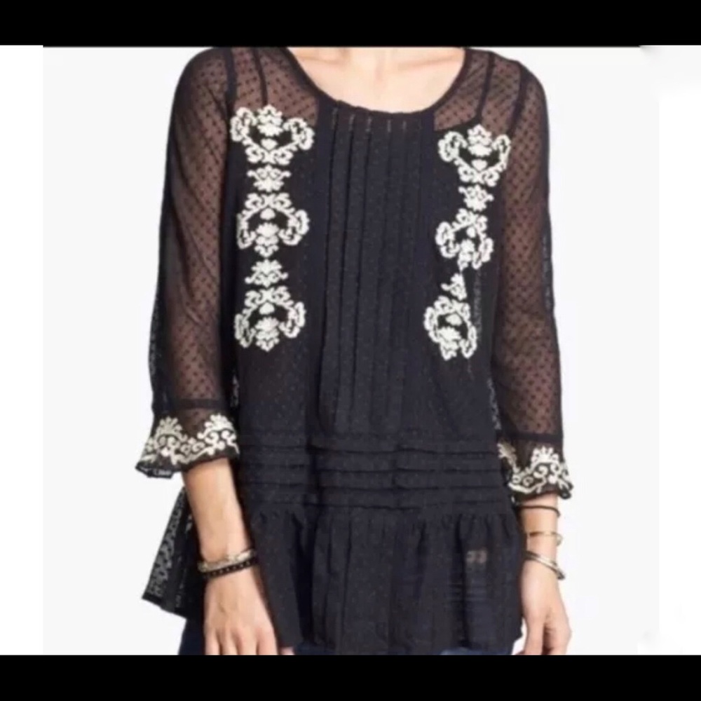 FREE PEOPLE Women's Black Jocelyn Pleated Dot Ruffle Lace Tunic Size Small